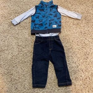 LIKE NEW 3-piece 18M “Wilderness Ranger Dept.” baby boy vest/bodysuit/pants set